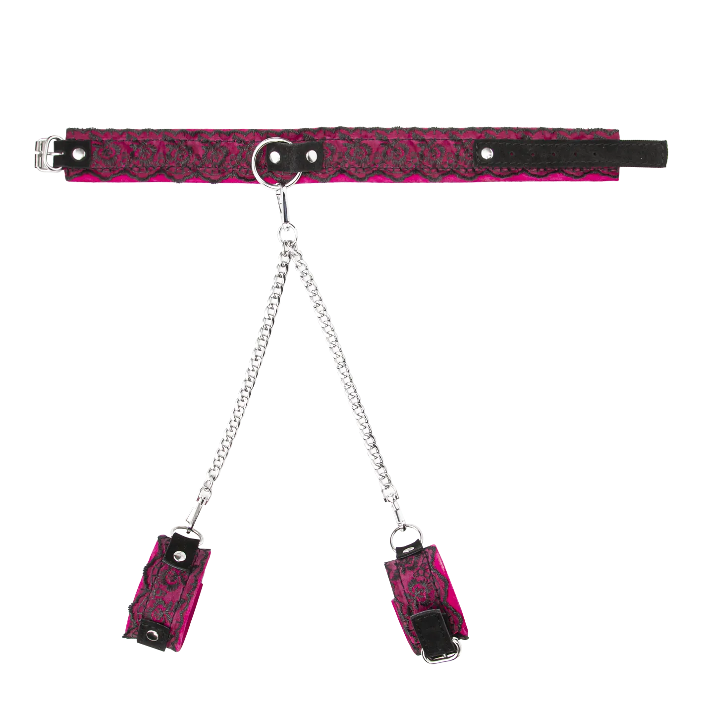 комплект наручники с ошейником из замши с кружевом, фуксия в Москве
