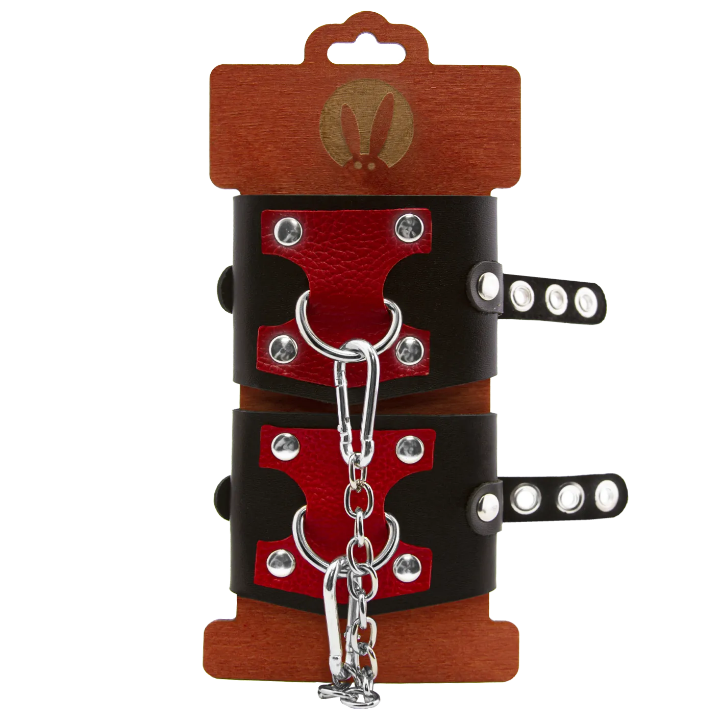 Наручники PinkRabbit из черной кожи с красным декором