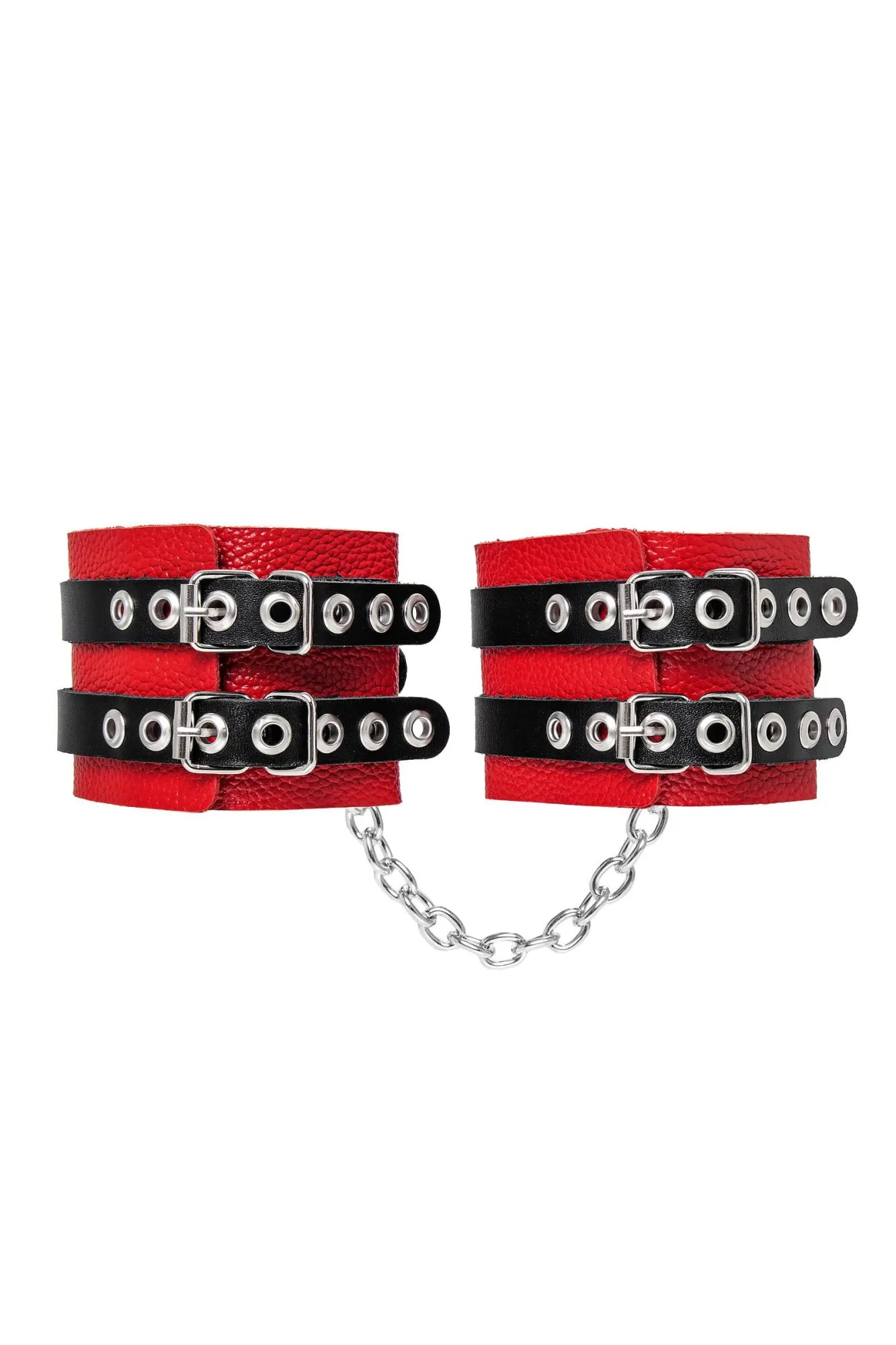 оковы pecado bdsm, мягкие, с двумя ремешками с люверсами, натуральная кожа, красно-чёрные в Москве