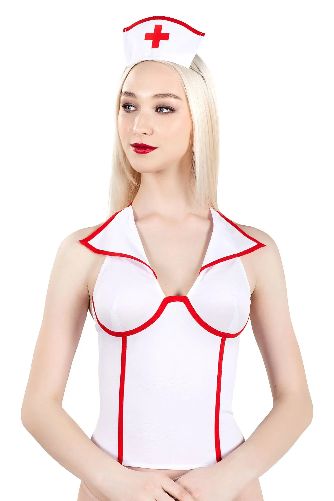 Эротическое верхняя часть костюма «медсестра», pecado bdsm, корсет, головной убор, бело-красный, 44 в Москве