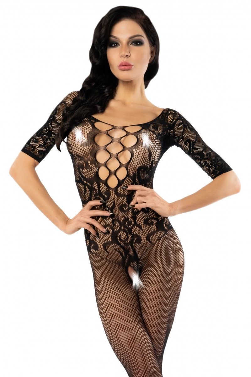 Эротическое комбинезон-сетка кружевной с доступом, черная в Москве