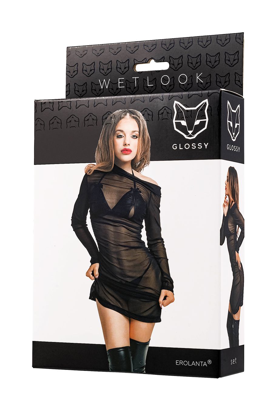 Эротическое комплект glossy sheril платье сетка, лиф и трусики из материала wetlook, черный, s в Москве