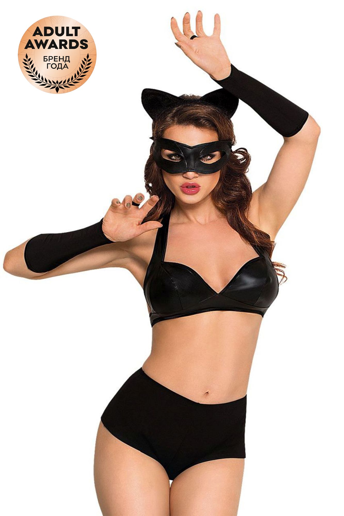 Эротическое костюм softline collection catwoman (бюстгальтер,шортики,головной убор,маска,перчатки), черный, l в Москве