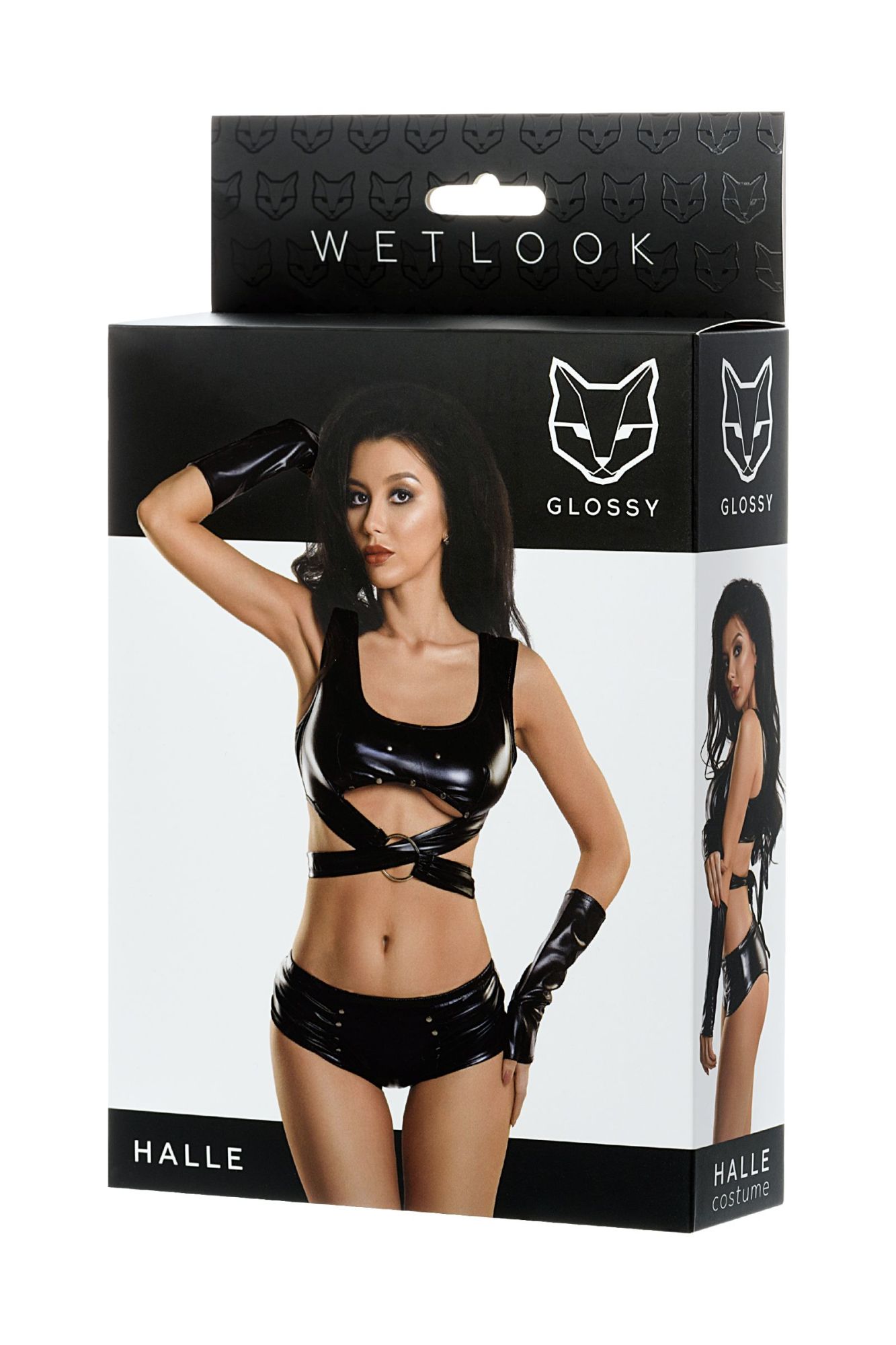 Эротическое комплект glossy halle из материала wetlook (топ, мини-шорты и перчатки), черный, xl в Москве
